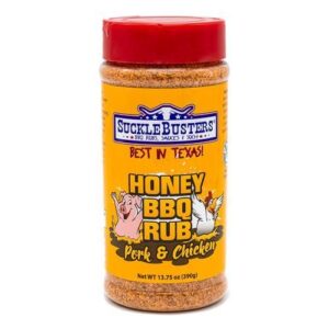 Sucklebusters Honey BBQ Rub (390gr) i en praktisk beholder, med en smakfull blanding av honning og krydder for grilling og matlaging.